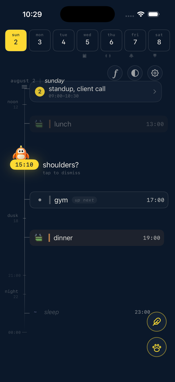 the amble day-line on iPhone — a full day shown as one vertical timeline with a glowing now-cursor, the robot companion, and gentle stations like standup, lunch, gym, and dinner